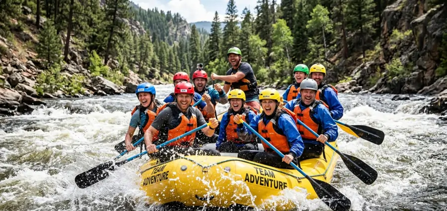 Corporate team white water rafting during an adventure incentive program in Europe