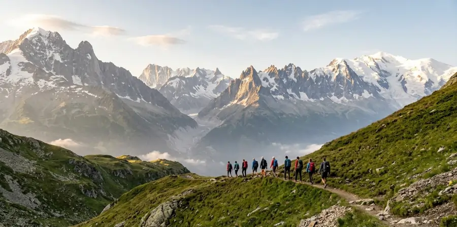 Corporate group hiking in the Alps during an adventure travel program in Europe