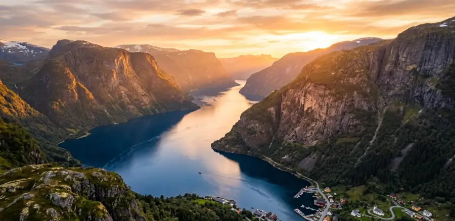 Aerial view of Norwegian fjords for adventure travel programs in Scandinavia