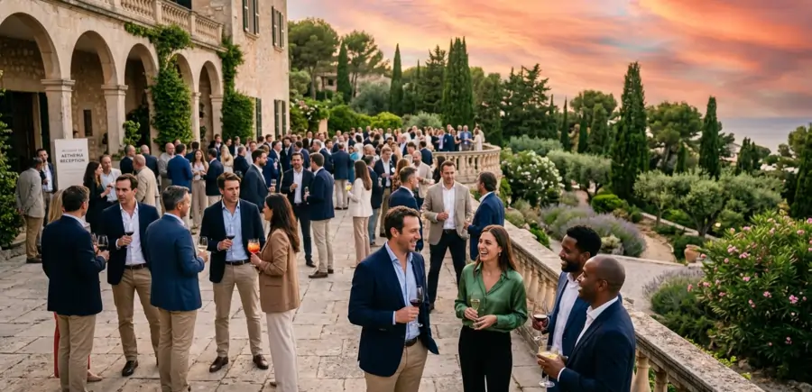 Corporate networking reception on a historic European villa terrace