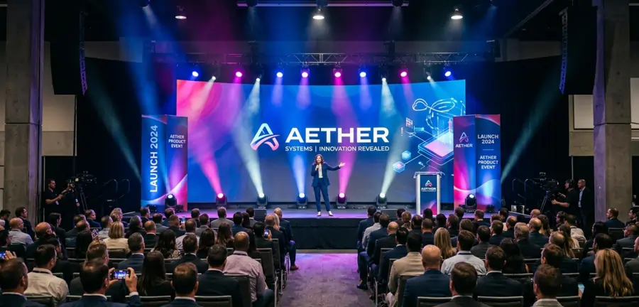Corporate product launch event on a branded stage in Europe