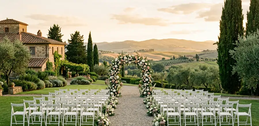 Destination wedding ceremony setup at a Tuscan villa in Italy