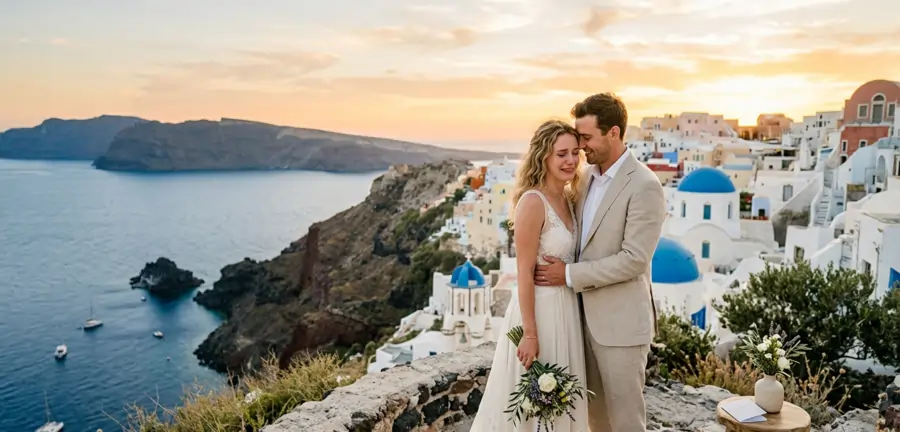 Intimate elopement ceremony on a cliffside in Santorini, Greece
