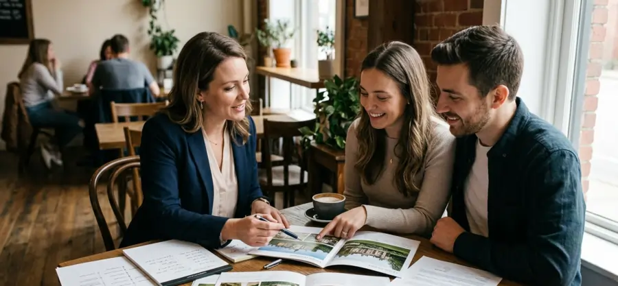 Destination wedding planner meeting with couple to review venue options