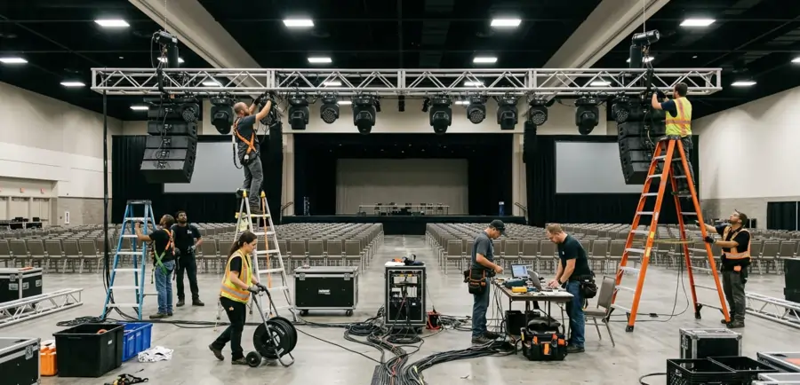 Event production crew rigging lights and AV equipment before a corporate event