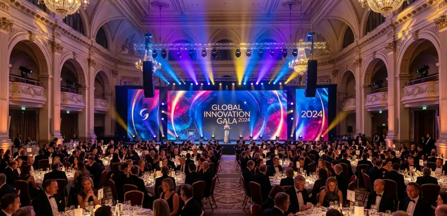 Professional event production with LED stage and dramatic lighting at a European gala