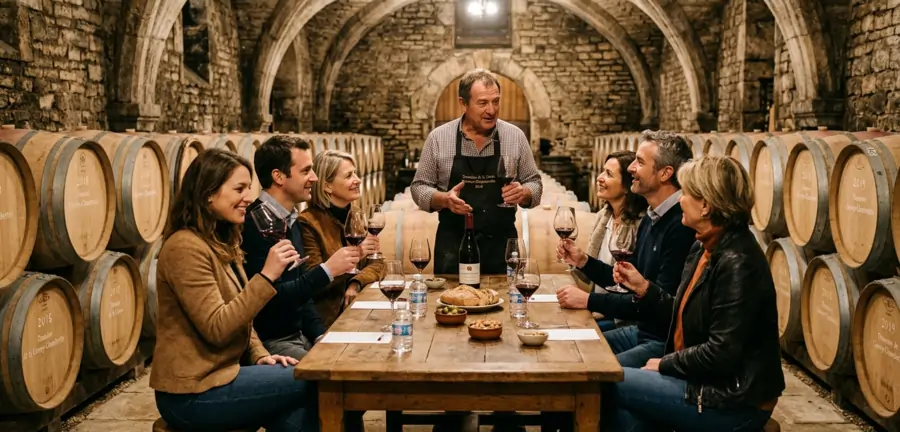 Private group wine tasting with winemaker in a European stone cellar