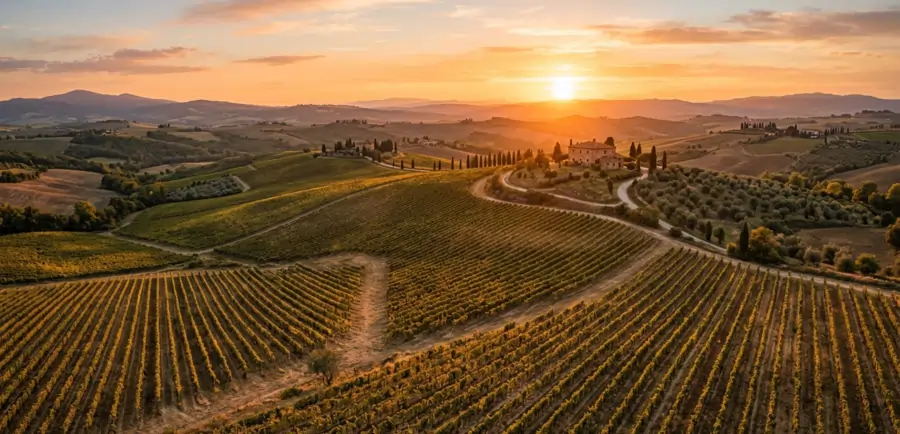 Aerial view of Tuscany vineyard rows for food and wine tours in Italy