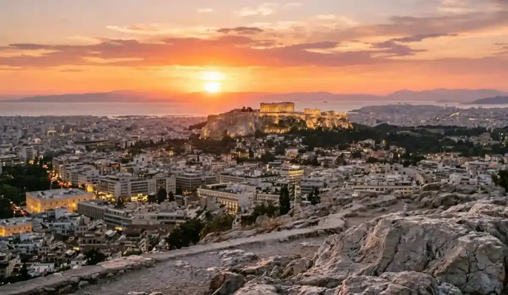 Greek event setting, Acropolis-overlooking rooftops and Aegean island venues