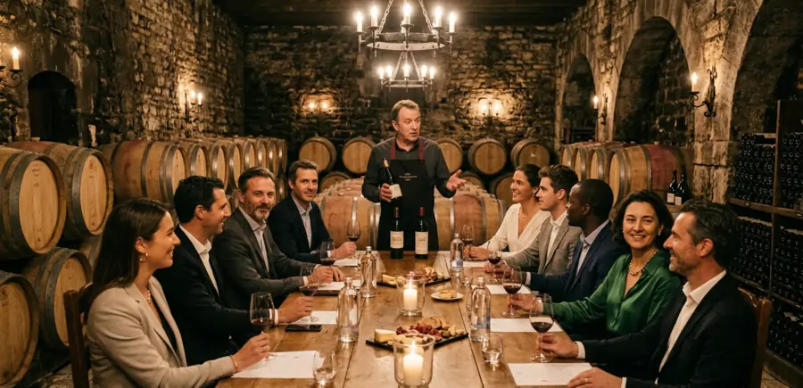 VIP group wine tasting in a European cellar during an incentive travel program
