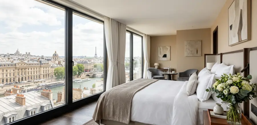 Luxury hotel suite with panoramic city view for VIP travelers in Europe