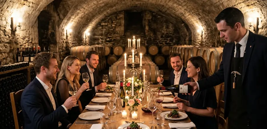 Private chef's table dinner in a historic European wine cellar