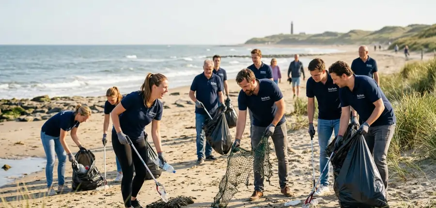 Corporate team CSR beach cleanup activity during a sustainable incentive program