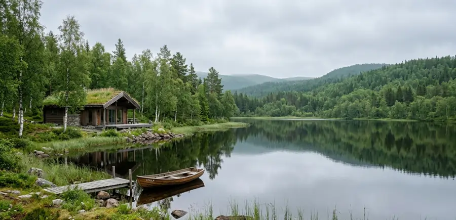 Scandinavian eco lodge by a lake for sustainable travel programs in Nordic Europe