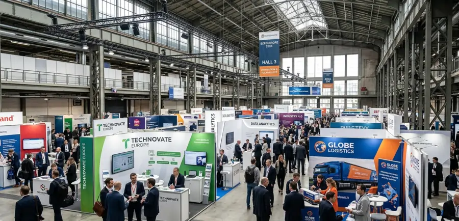 Exhibition hall with branded stands at a European trade show